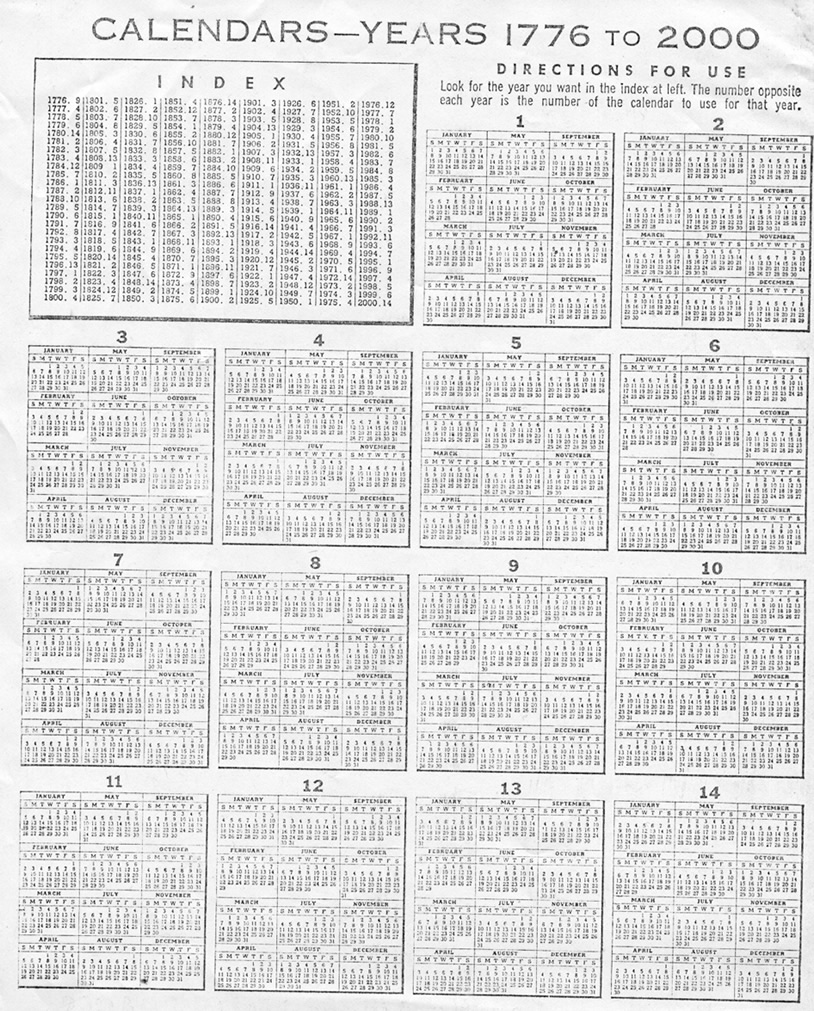 Perpetual calendar 1776-2000